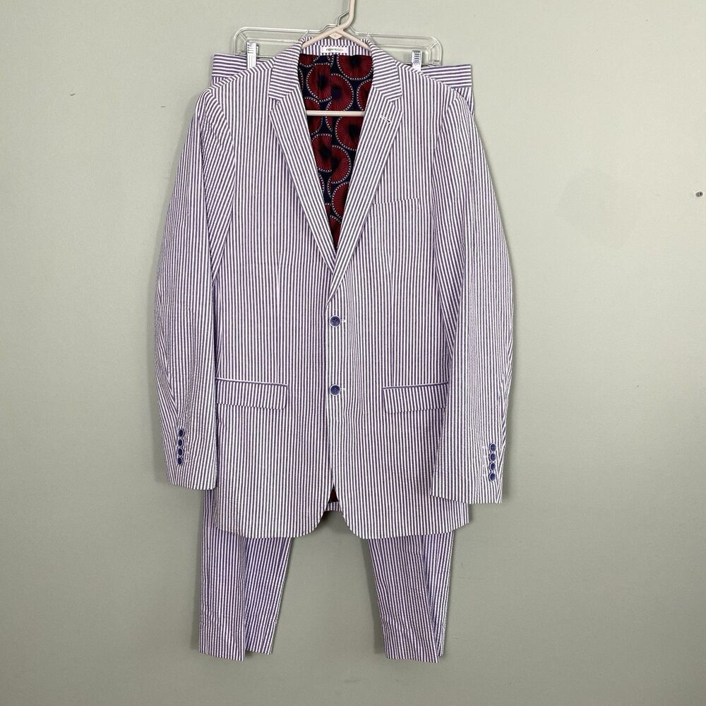 Ferrecci Seersucker Suit Double Vent 2pc Mens 40L W34 Blue Striped Classic